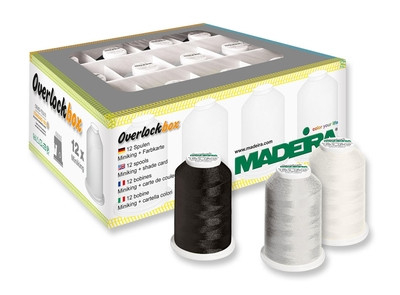 Fil De Surjet MADEIRA Aerolock - Boîte De 9 Cônes (125) Et 3 Cônes (100) - 100% Polyester - Couleurs Blanc/gris/noir
